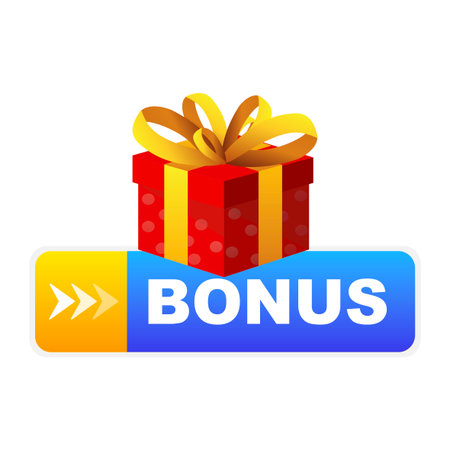 Bonus label or button with gift box and ribbon. Vector illustrationのイラスト素材