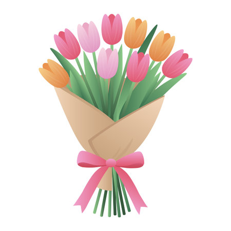 Spring bouquet of tulips with pink ribbon illustration of a holiday gift. Vector illustrationのイラスト素材