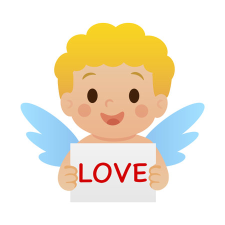 Cute cupid holding love sign Valentines Day cartoon illustrationのイラスト素材