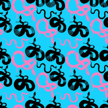 Modern abstract blue seamless pattern with black and pink snakes on colorful backdrop. Decorative...