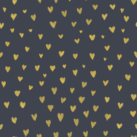 Modern pattern with gold heart seamless pattern on black background. Abstract texture. Luxury wallpaper. Decorative print. Abstract bright wallpaper.の写真素材