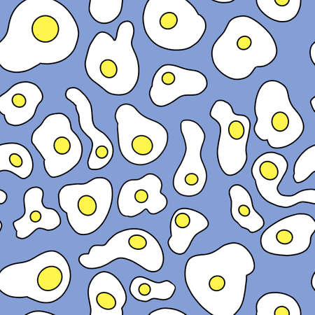 Fried eggs seamless pattern on blue background. Healthy meal. Healthy diet. Flat design.の写真素材