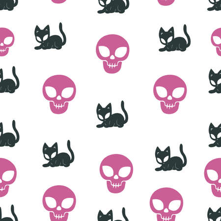 Halloween seamless pattern. Cat and skull. White backgroundの写真素材
