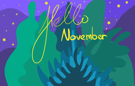 November night illustration with leaves, plants and treesの写真素材