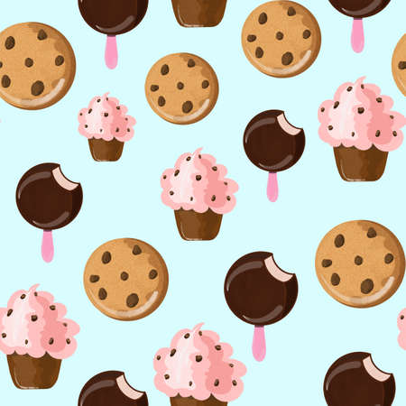 Seamless pattern with Chocolate food on blue backgroundの写真素材
