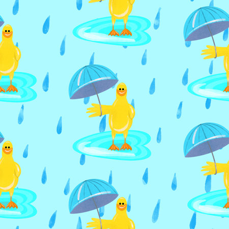 Funny duck in the rain seamless patternの写真素材