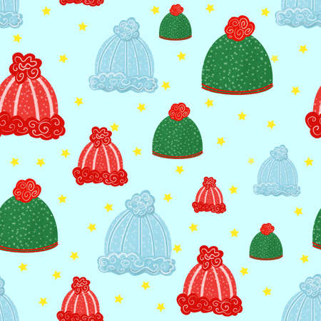 Winter hats seamless pattern. Hats with pumponの写真素材