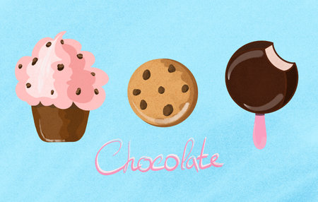 Set of Chocolate food. Illustration on blue background