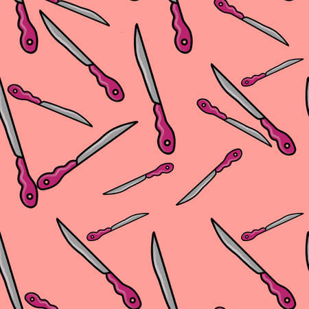 knife seamless pattern on pink background. Hand drawn illustrationの写真素材