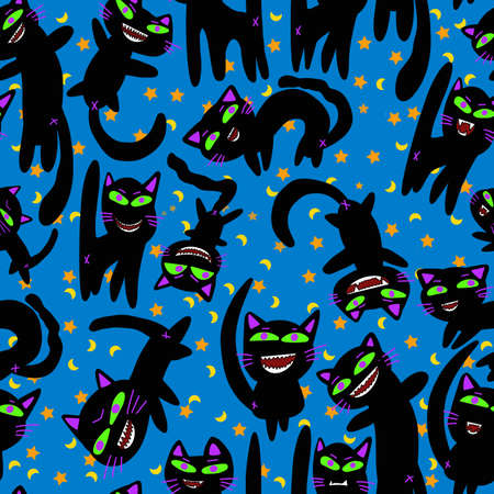 Cat seamless pattern on blue background. Hand drawn graphicの写真素材
