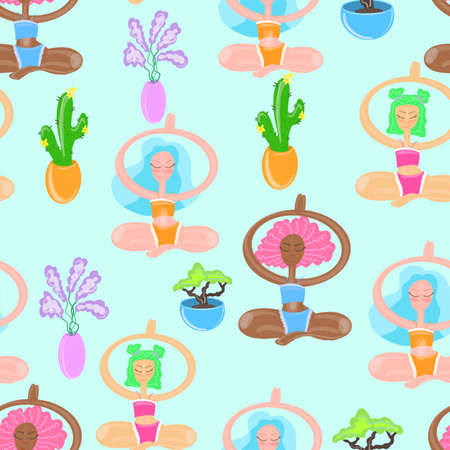 Pattern with women practicing yoga. Hand drawn flat coloured seamless patternの写真素材