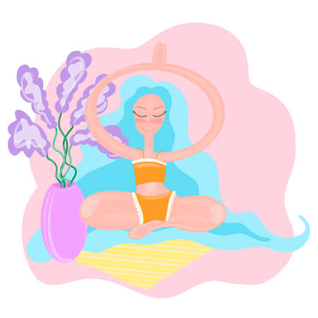 Woman is meditating in nature on isolated white backgroundの写真素材