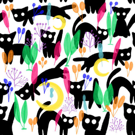Funny cartoon cats on plats. Seamless patternの写真素材