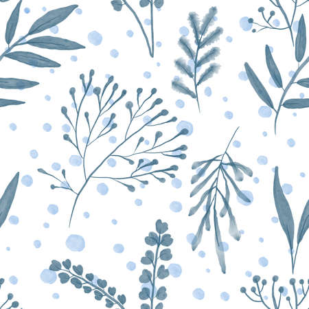 Plants and rain drops seamless pattern. Watercolor backgroundの写真素材