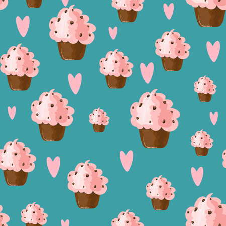 Seamless pattern with cute chocolate cupcakes and pink hand drawn heartsの写真素材
