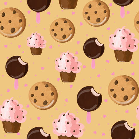 Seamless pattern with cute cupcakes, and cookies drawn in cartoon styleの写真素材