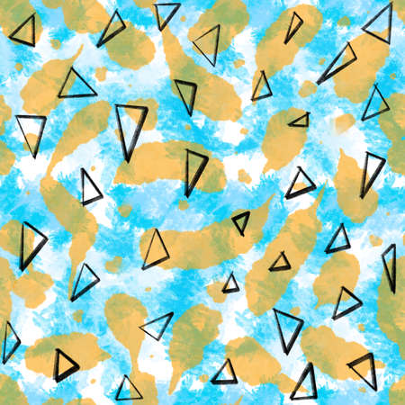 Seamless abstract pattern with triangles and watercolor stains.の写真素材