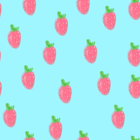 Sweet Watercolor strawberry pattern on a blue backgroundの写真素材