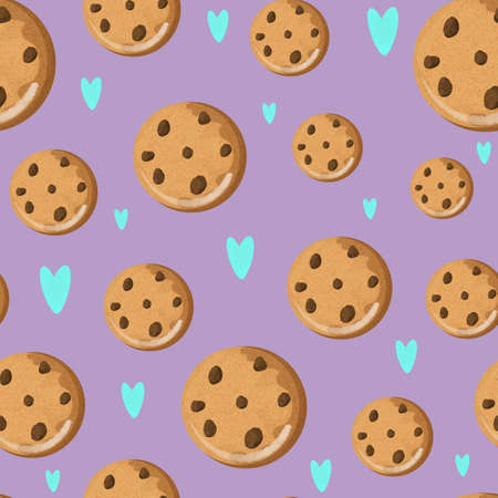 seamless pattern with oatmeal cookies and hearts on a fiolet backgroundの写真素材
