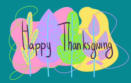 Happy Thanksgiving card with abstract autumn leaves and handwritten text.の写真素材