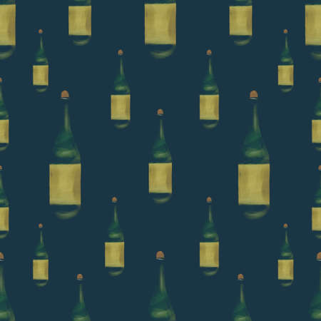 Wine seamless pattern with realistic bottles painted with acrylic in dark colorsの写真素材