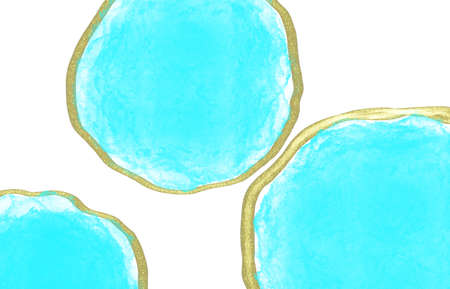 Contemporary Abstract Art. Bright Blue watercolor stains and gold outline.の写真素材
