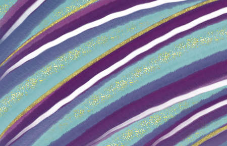 Blue and Gold Abstract stripes. Aquamarine Pigment Watercolor Print.の写真素材