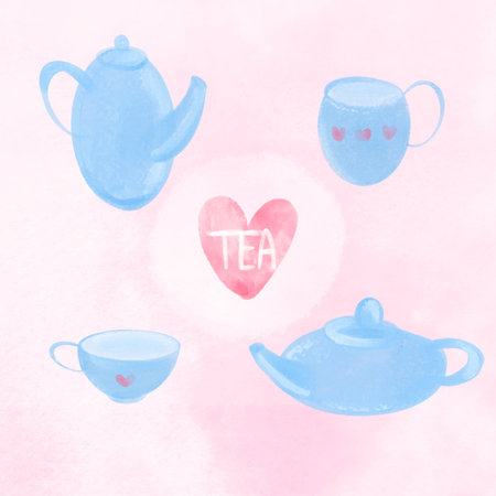 Watercolor Tea set. Hand drawn Teapot and Teacup with watercolors. Still life illustration of tea time.の写真素材