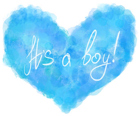 Baby gender reveal concept illustration. Its a boy Watercolor Background. Blue watercolor heart with hand lettering its a boy.の写真素材