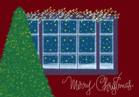 Christmas card with snowy window and Christmas tree in lights for winter design.の写真素材