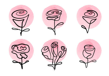 Set of different Rroses. Watercolor spots and a Rose drawn by one line inside.の写真素材