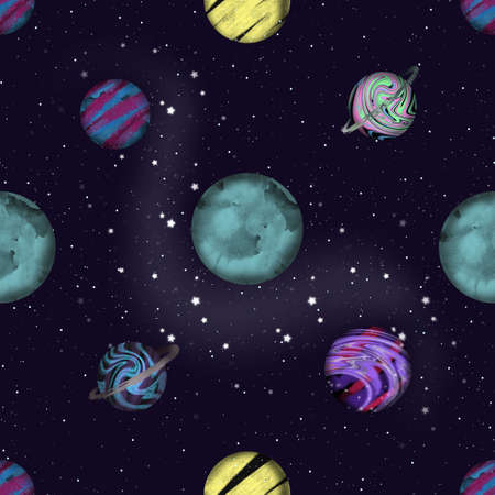 Space seamless pattern with Planets and Stars. Texture with Cosmic elements.の写真素材