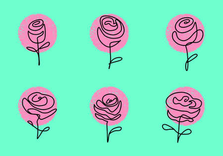 Continuous line drawing of rose flower. A set of 6 different roses drawn with one line on a green background. Set of flowers continuous Line art with abstract pink shape in a modern trendy style.の写真素材
