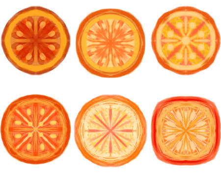 Set of 6 bright abstract oranges. Hand drawn watercolor oranges. Isolated elements on white background for mulled wine design and holidays.の写真素材