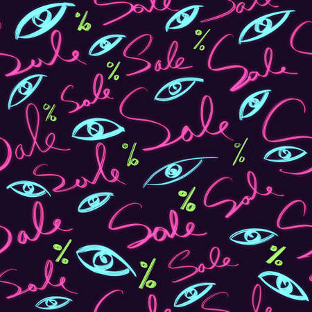 Trendy neon sell-out pattern. Black Friday pattern. Bright neon background with an endless pattern of eyes, percent, and sales.の写真素材