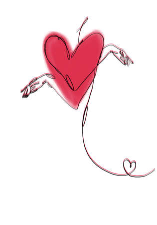 Silhouette of a Girl with a Watercolor heart inside drawn by One Line.の写真素材