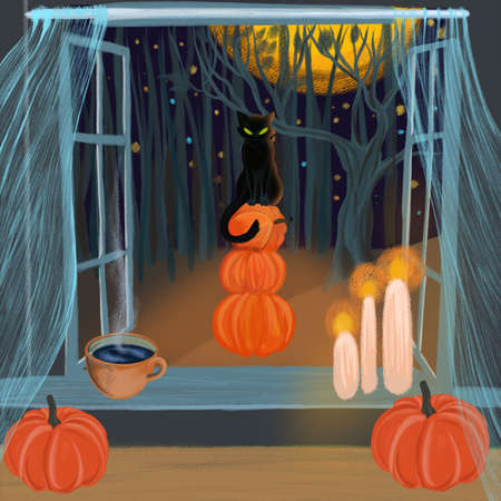 Watercolor halloween card with creepy cat and pumpkins. Holiday template.の写真素材