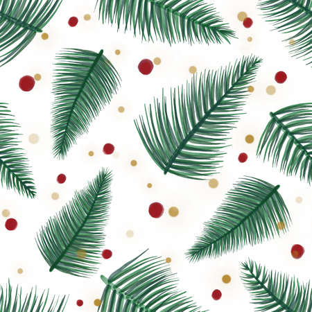 Seamless Watercolor Christmas pattern with berries and tree branches.の写真素材