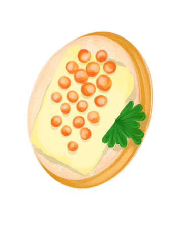 Toast with red caviar. Delicious homemade appetizer. Russian traditional delicatessen. Watercolor hand drawn illustration, isolated on white background.の写真素材