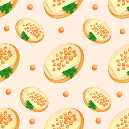 Sandwich seamless pattern with red caviar. Russian traditional delicatessen. Delicious homemade appetizer.の写真素材
