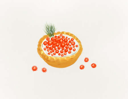Tartlet with red caviar. Russian traditional delicatessen. Watercolor hand drawn illustration.の写真素材