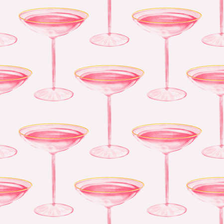 Seamless pattern with Glasses with rose wine. Glamorous trendy pink Champagnel painted in Watercolor. Watercolor hand drawn illustration.の写真素材