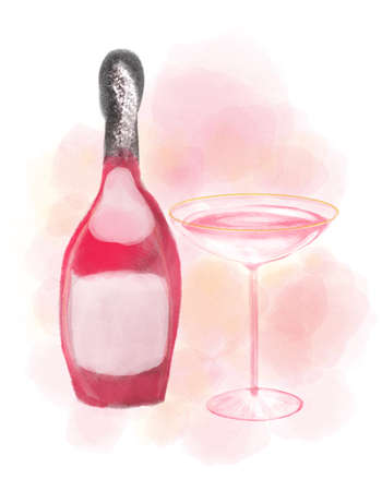 Watercolor illustration of a Bottle of pink Champagne and a wineglass.の写真素材