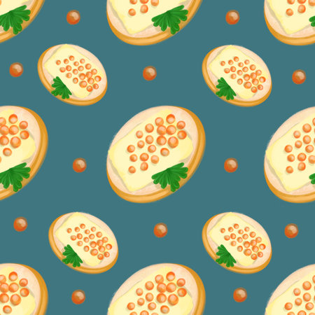 Russian traditional delicatessen. Sandwich seamless pattern with red caviar.の写真素材