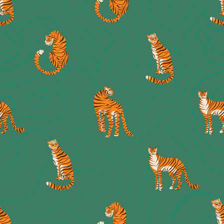 Seamless pattern with tigers on a green background. Hand drawn Beautiful tigers in different poses. Fashionable fabric design.の写真素材