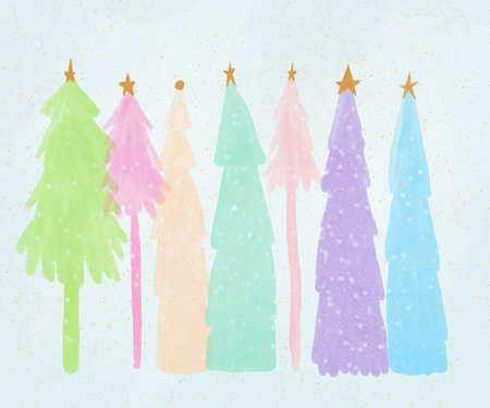 Holiday Card with Evergreen Silhouettes drawn by watercolor in pastel rainbow colors. Christmas lgbt card with fir trees.の写真素材