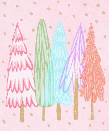 Set of Christmas trees in watercolor style. Holiday card with pink fir-trees in naive childish style.の写真素材