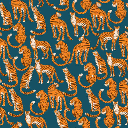 Seamless pattern with tigers. Orange predators drawn with wax crayons on a blue background.の写真素材