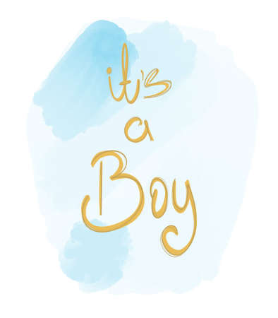 Baby boy welcome greeting card for childbirth illustration. Gold text on light blue watercolor background.の写真素材