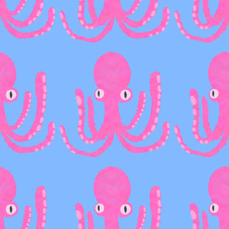 Seamless blue pattern with pink squid. Cute octopus painted with watercolors.の写真素材